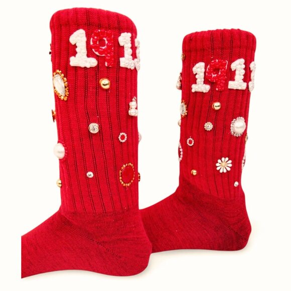 Heirloom Glam Crystal & Pearl Embellished Red Junk Charm Slouch Socks TT1515 - Picture 4 of 5
